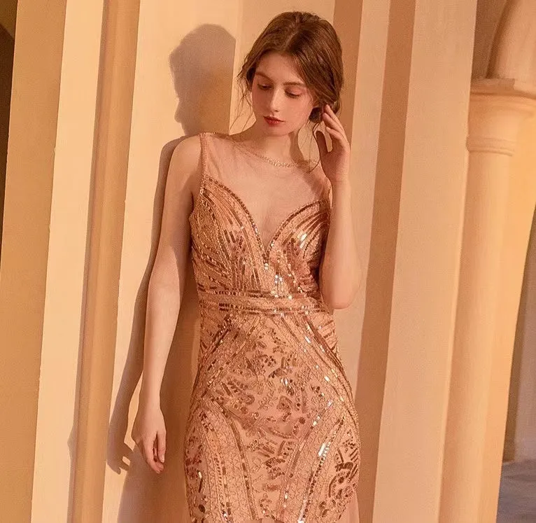 1920s Gatsby Sequin Tulle Sleeveless Bodycon Maxi Evening Dress - Champagne