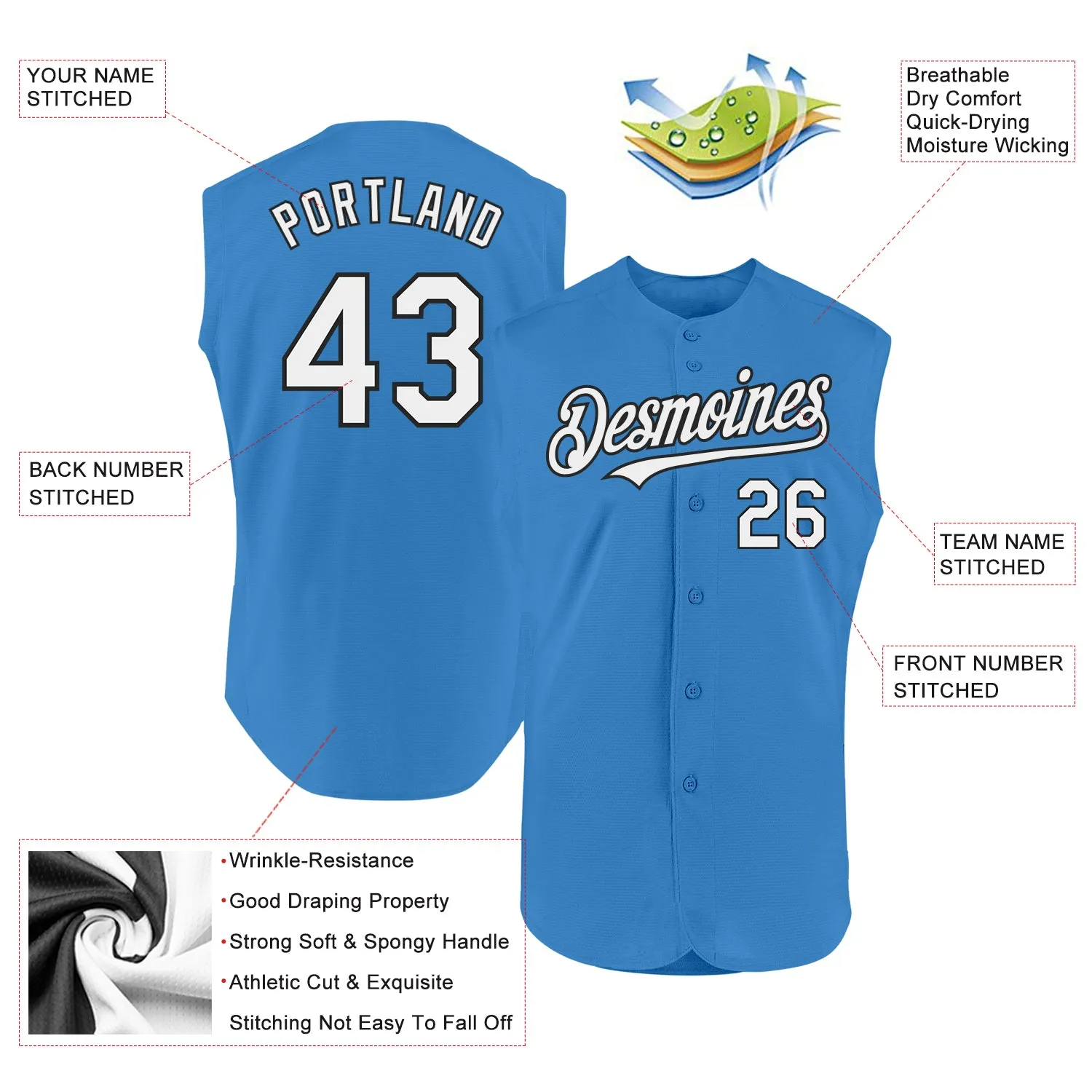 Custom Powder Blue White-Black Authentic Sleeveless Baseball Jersey