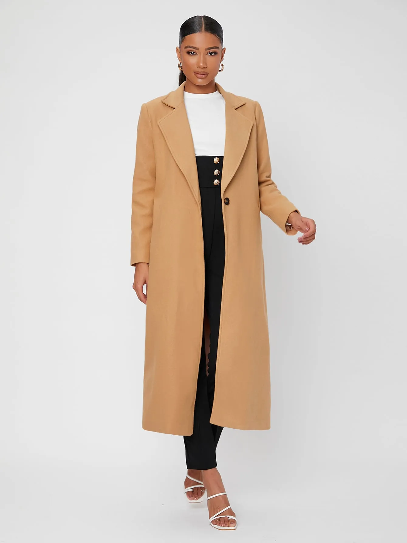 Elegant Plain Pocket Long Sleeve Lapel Long Womens Overcoat