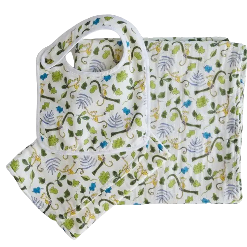 Happy Monkey Shawl Blanket, Bib and Burp Cloth Bundle Set