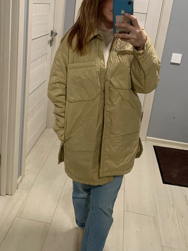 Icclek Women's Shirts Jackets Thin Parka Oversize Shirt Coats Femme Armygreen Outerwear Coats Bf Long Sleeve Khaki Coat 2022 New