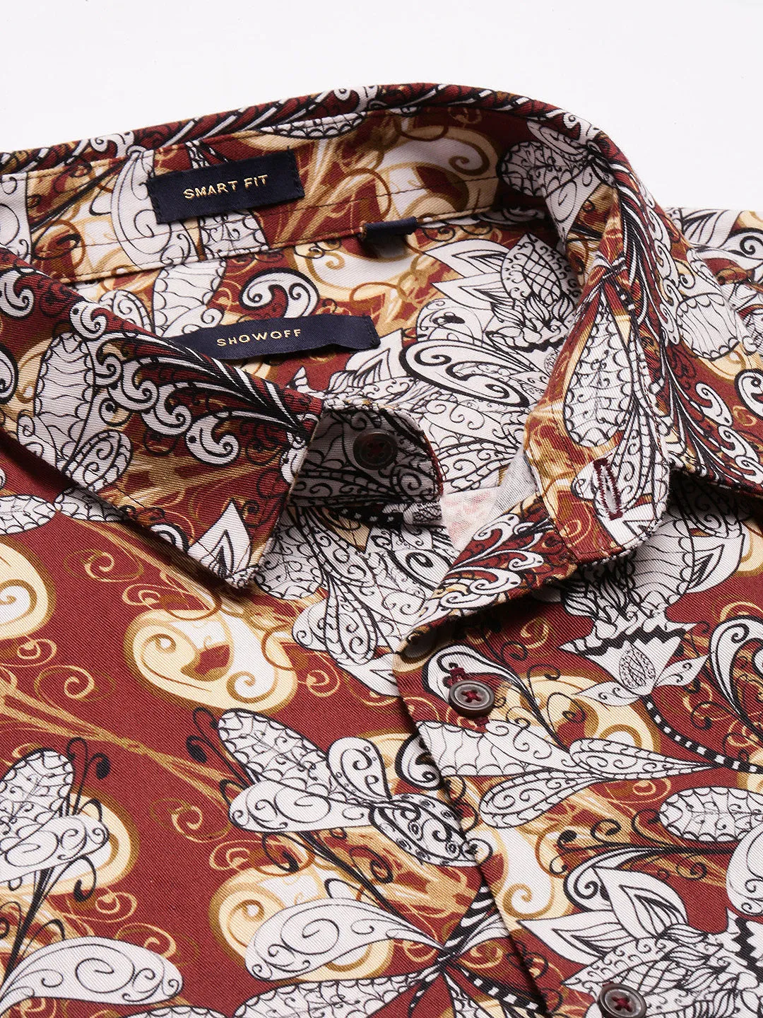 Men Spread Collar Floral Brown Casual Shirt