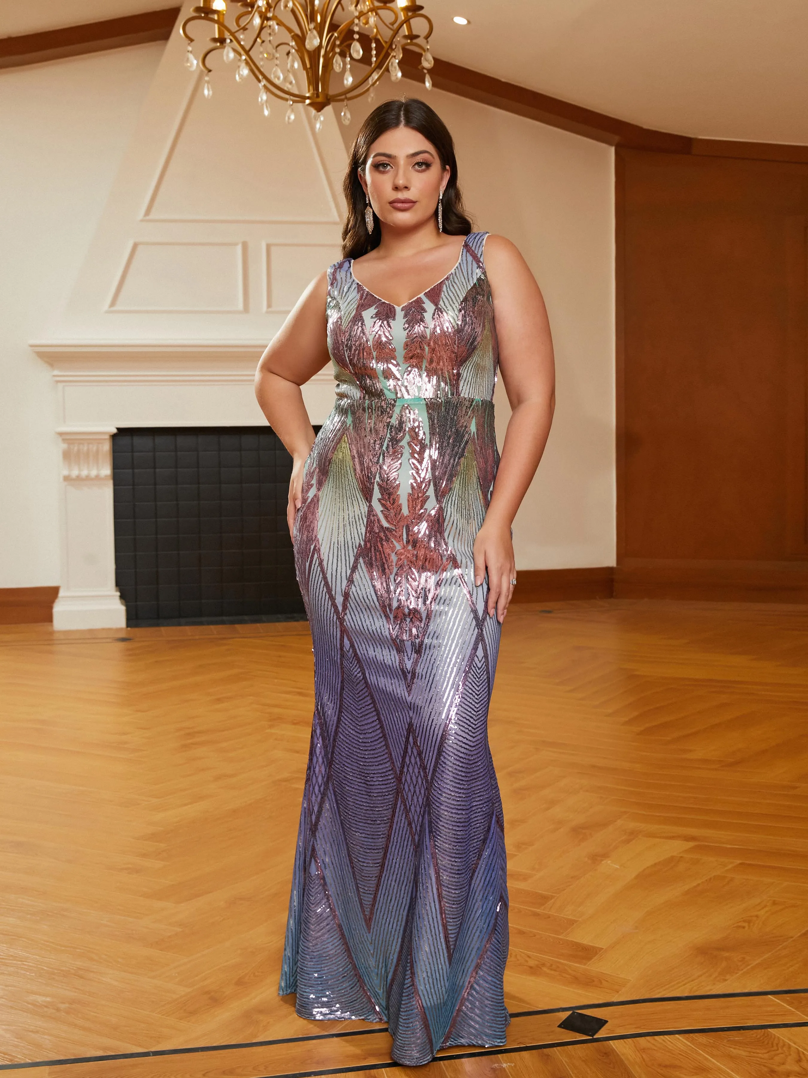 Plus Size V-neck Sleeveless Sequin Prom Dress PRJ10994