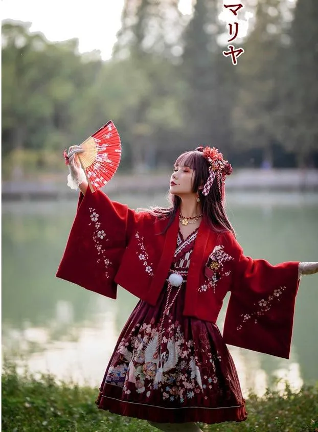 Red Maria~Wa Lolita Coat Red Embroidery Woolen Winter Coat