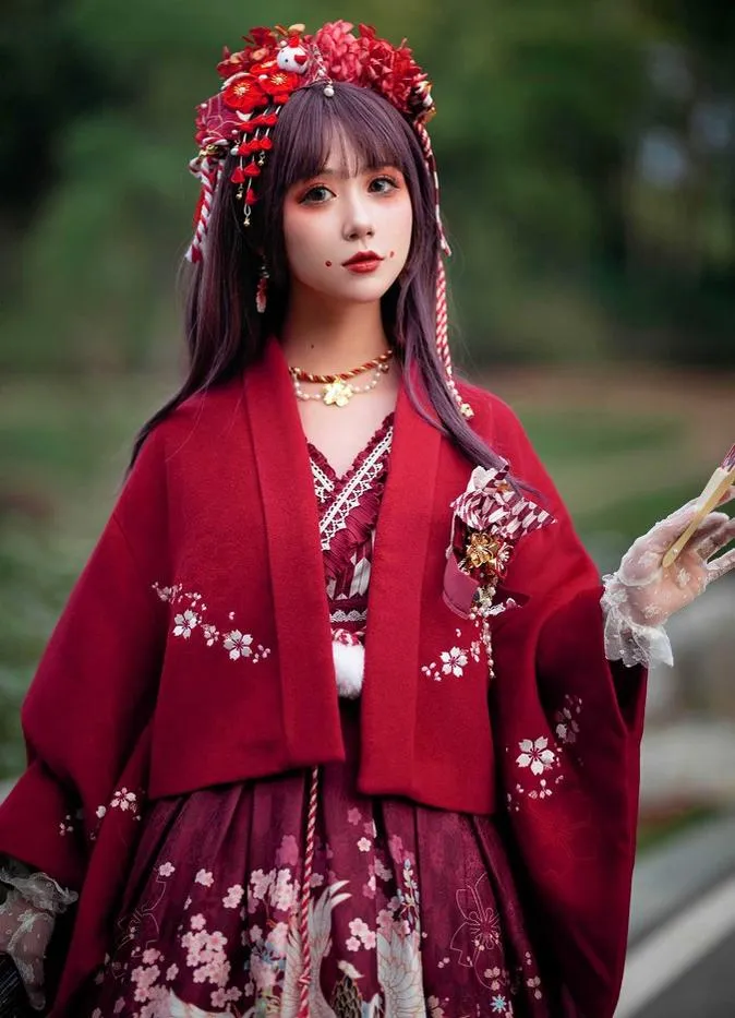 Red Maria~Wa Lolita Coat Red Embroidery Woolen Winter Coat