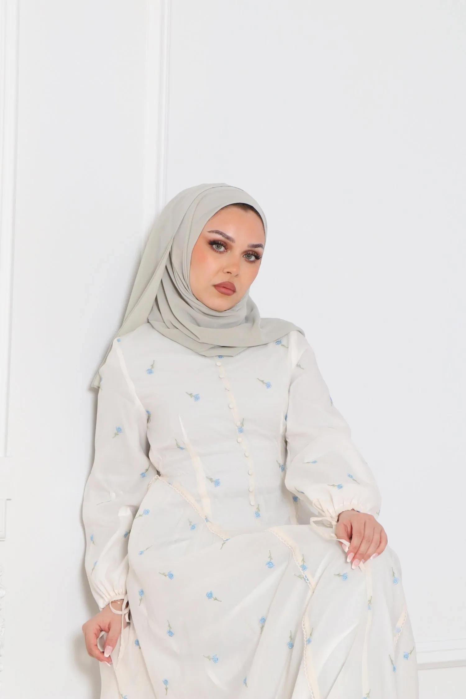 Serena Floral Embroidery Dress- Beige