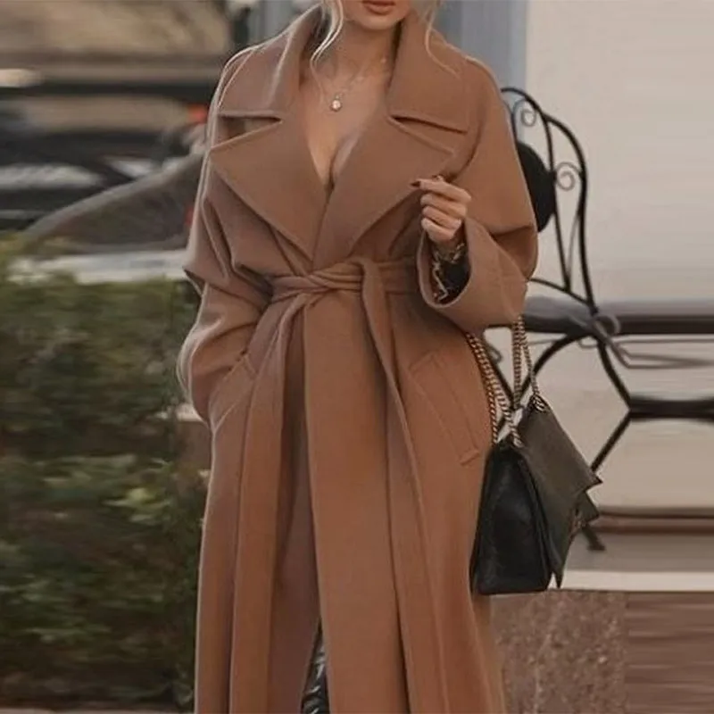 Wenkouban business casual outfits El street style Christmas winter outfits Autumn and Winter Korean Style Lapel Loose Waist Lace-up Overcoat for Women