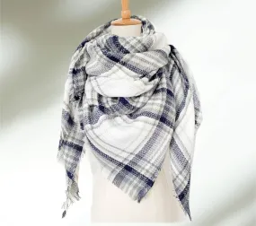 White, Gray & Blue Plaid Women's Blanket Scarf / Women Scarf/ Gifts for Her / Women Shawl / Bridesmaid Scarf/ Fall Scarf