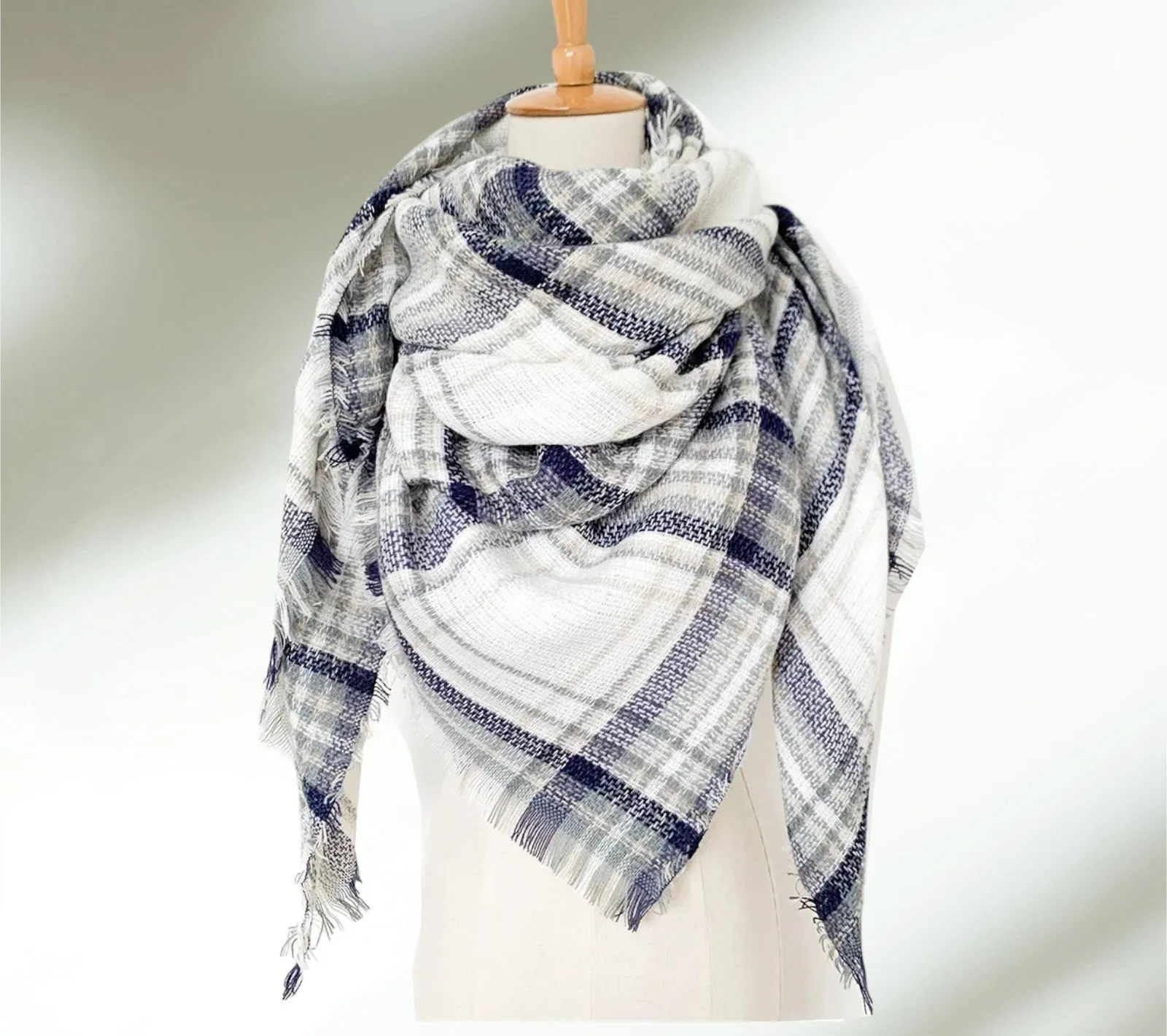 White, Gray & Blue Plaid Women's Blanket Scarf / Women Scarf/ Gifts for Her / Women Shawl / Bridesmaid Scarf/ Fall Scarf