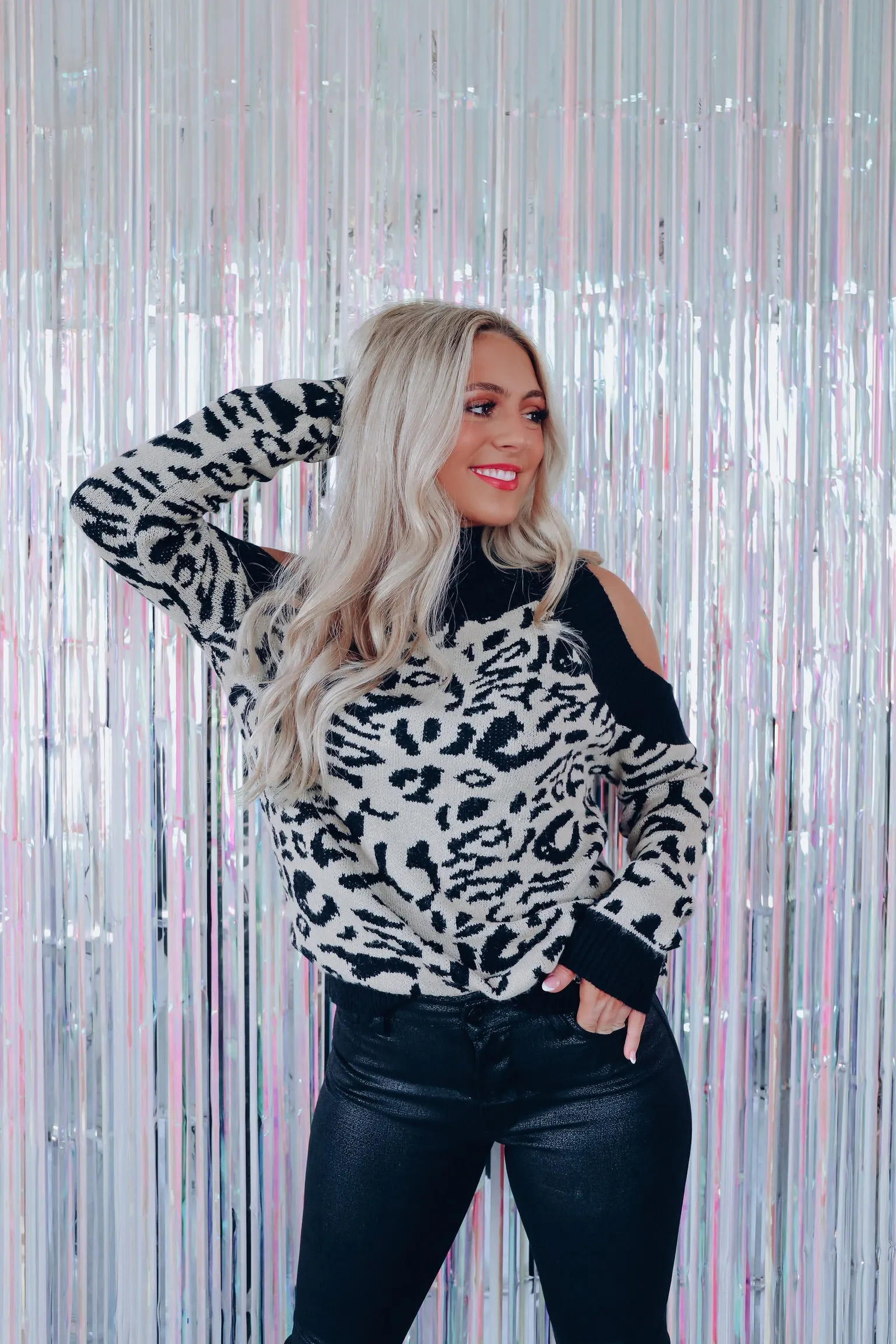 Wild Cat Cold Shoulder Sweater - Black