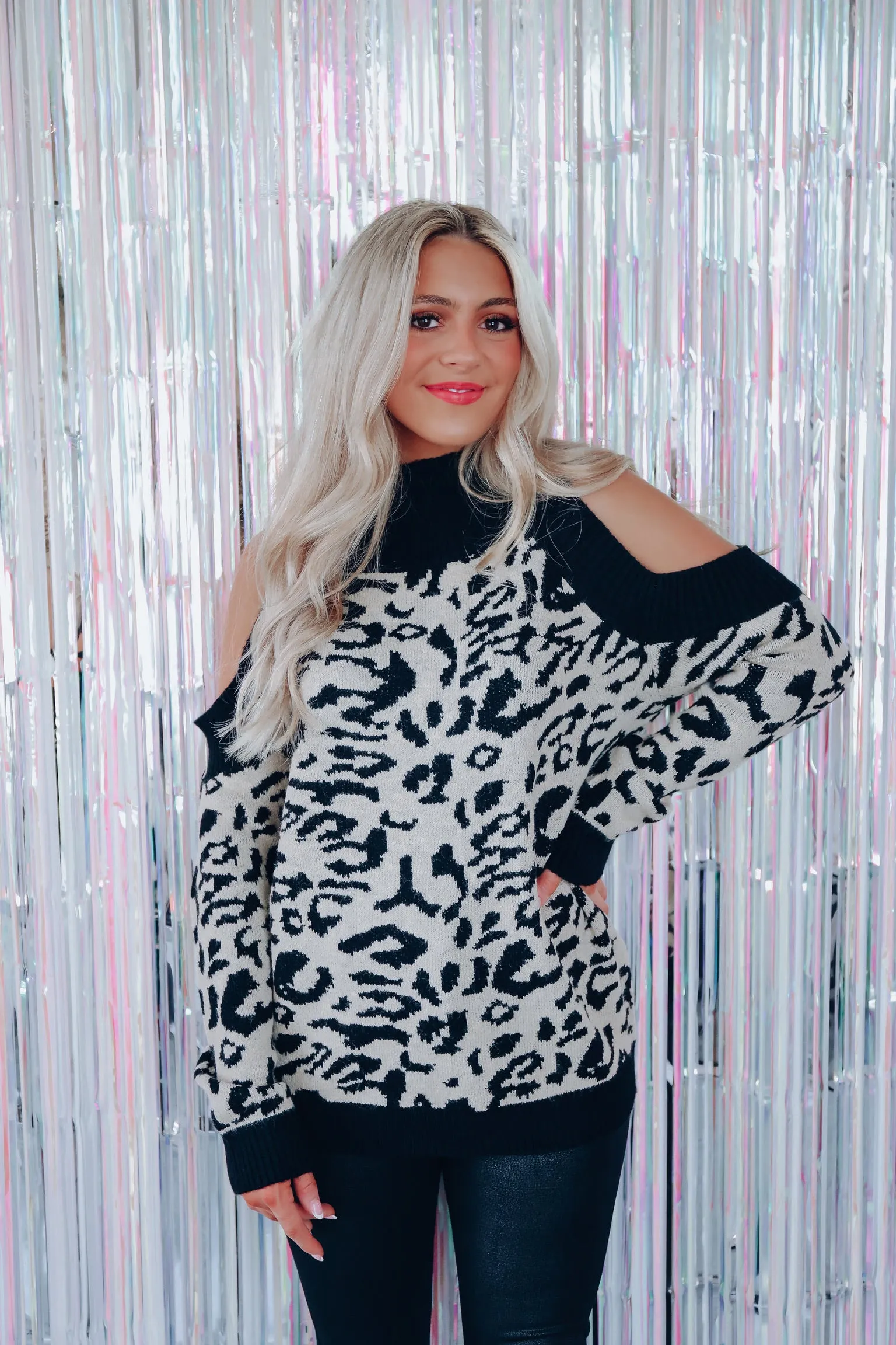 Wild Cat Cold Shoulder Sweater - Black