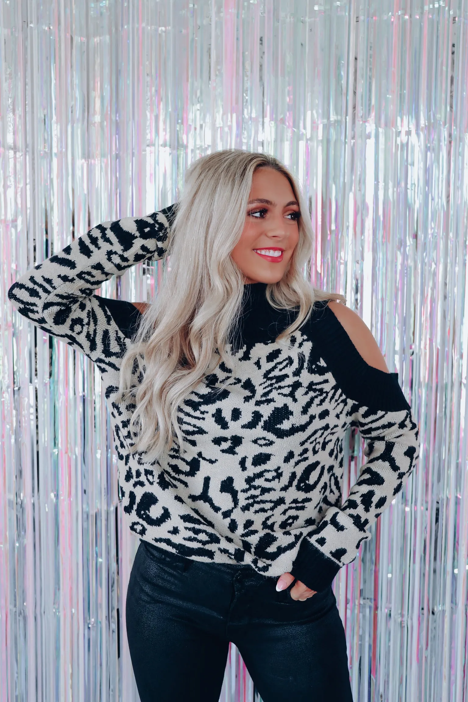 Wild Cat Cold Shoulder Sweater - Black