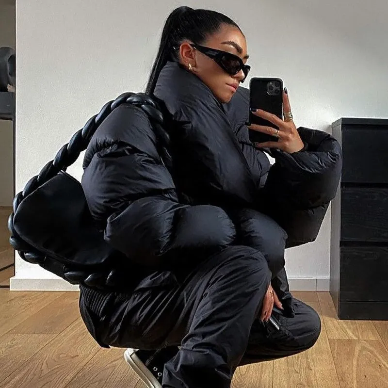 Women's Winter Oversized Black Coat | Short Casual Parka